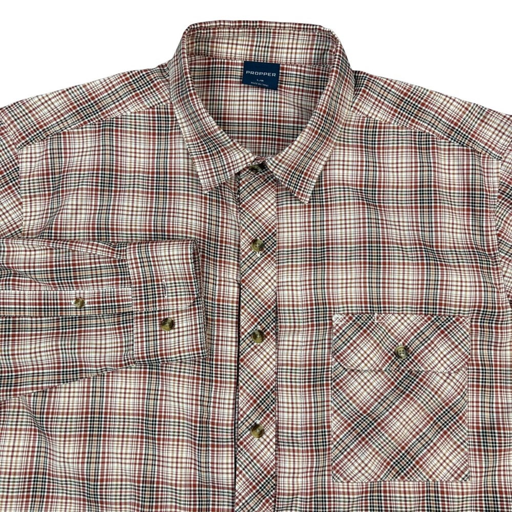 PROPER Button Up Shirt Mens Red Tan Plaid Check Magnetic Pockets Snap Buttons